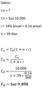 Matemáticas finacieras, problemas resueltos. Interés simple, Problema resuelto de Valor Actual