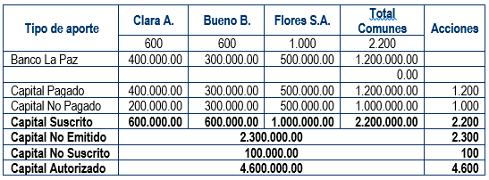 Cuadro de emisión, suscripción y aportes socios comunes - Contabilidad de Sociedades anónimas con acciones preferentes